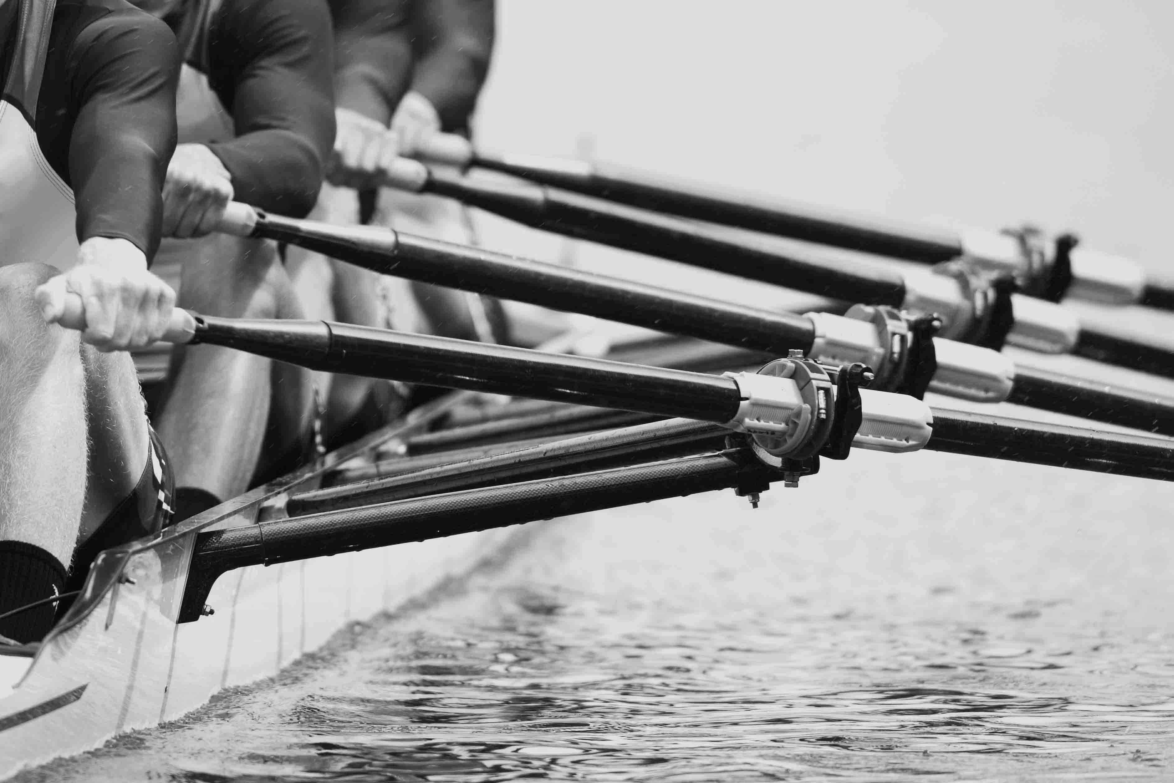 Rowers rowing a boat in a coordinated fashion, emphasizing the importance of teamwork in a performance transformation exercise.
